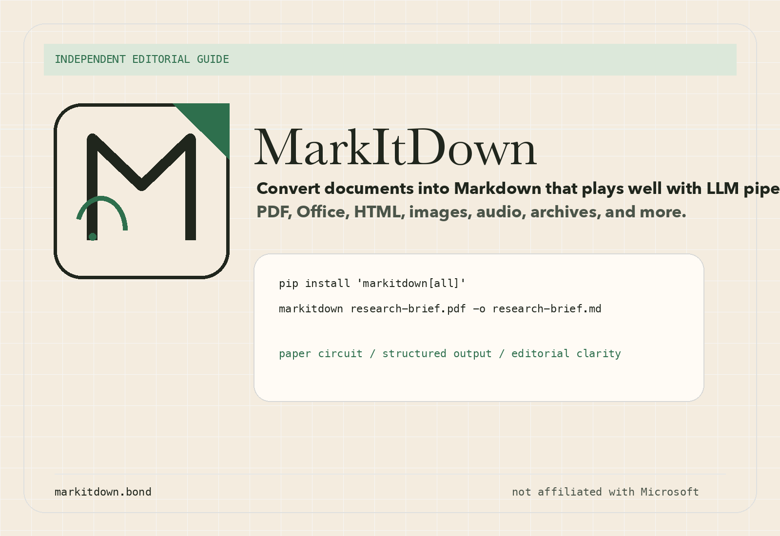 Editorial brand poster for MarkItDown with abstract folded-paper emblem.